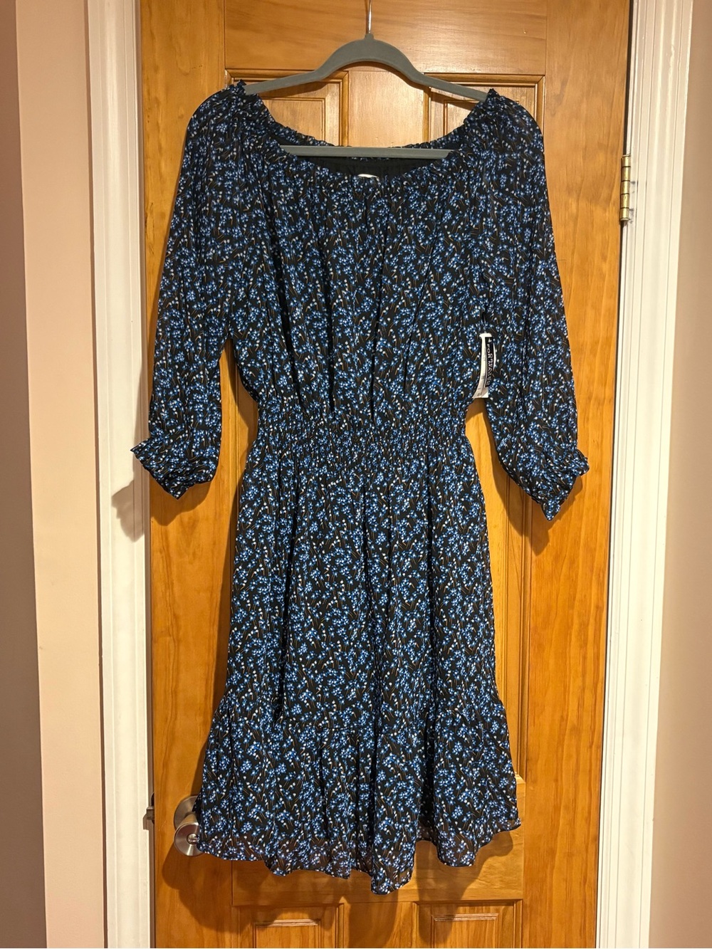 Women's Black Floral Smocked-Waist Dress - Blue Print